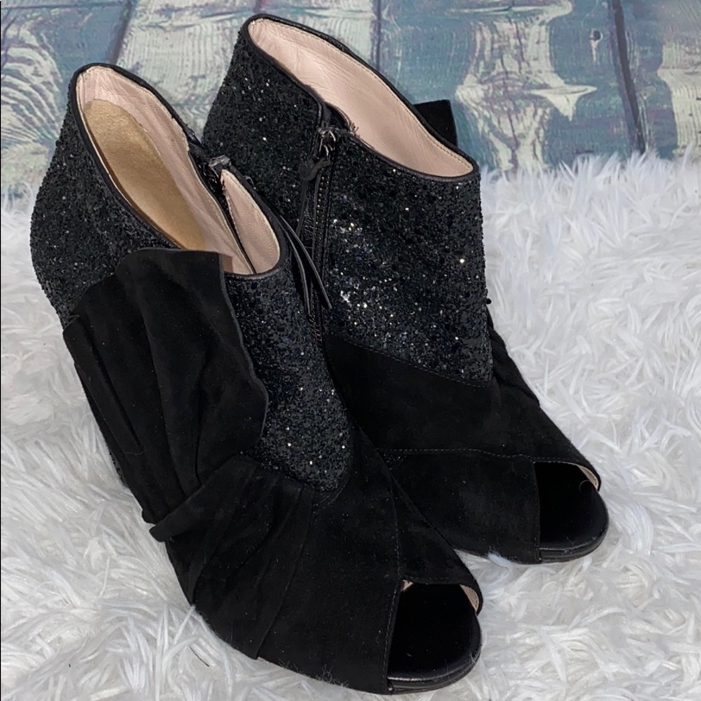 Miu Miu Black Open Toe Sequin Heel Bow Booties 8.… - image 3